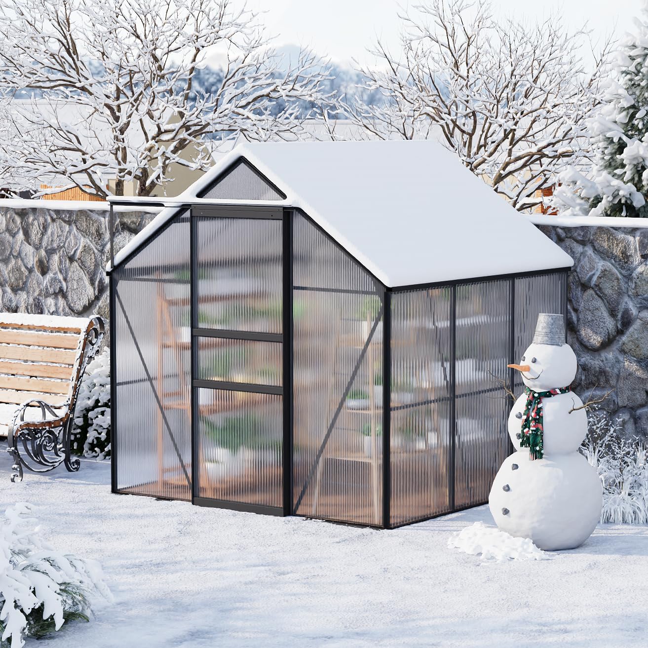 GarveeHome 6 x 6 FT Polycarbonate Greenhouse, Winter Greenhouses for Outdoors with Aluminum Frame, Sliding Door, Adjustable Roof Vent, Backyard Green Houses, Patio Garden, Black