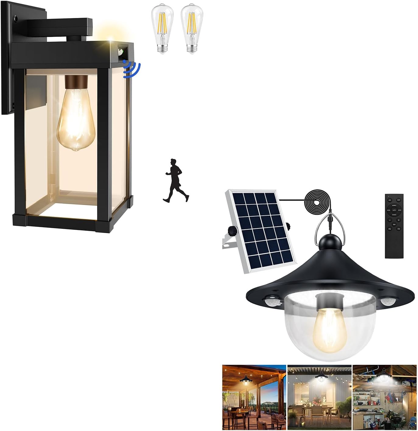 Solar Shed Light Outdoor Indoor Solar Pendant Lights Daytime Available with Remote Control &Solar Wall Lights Outdoor, Solar Wall Sconce with 3 Lighting Modes & Motion Sensor