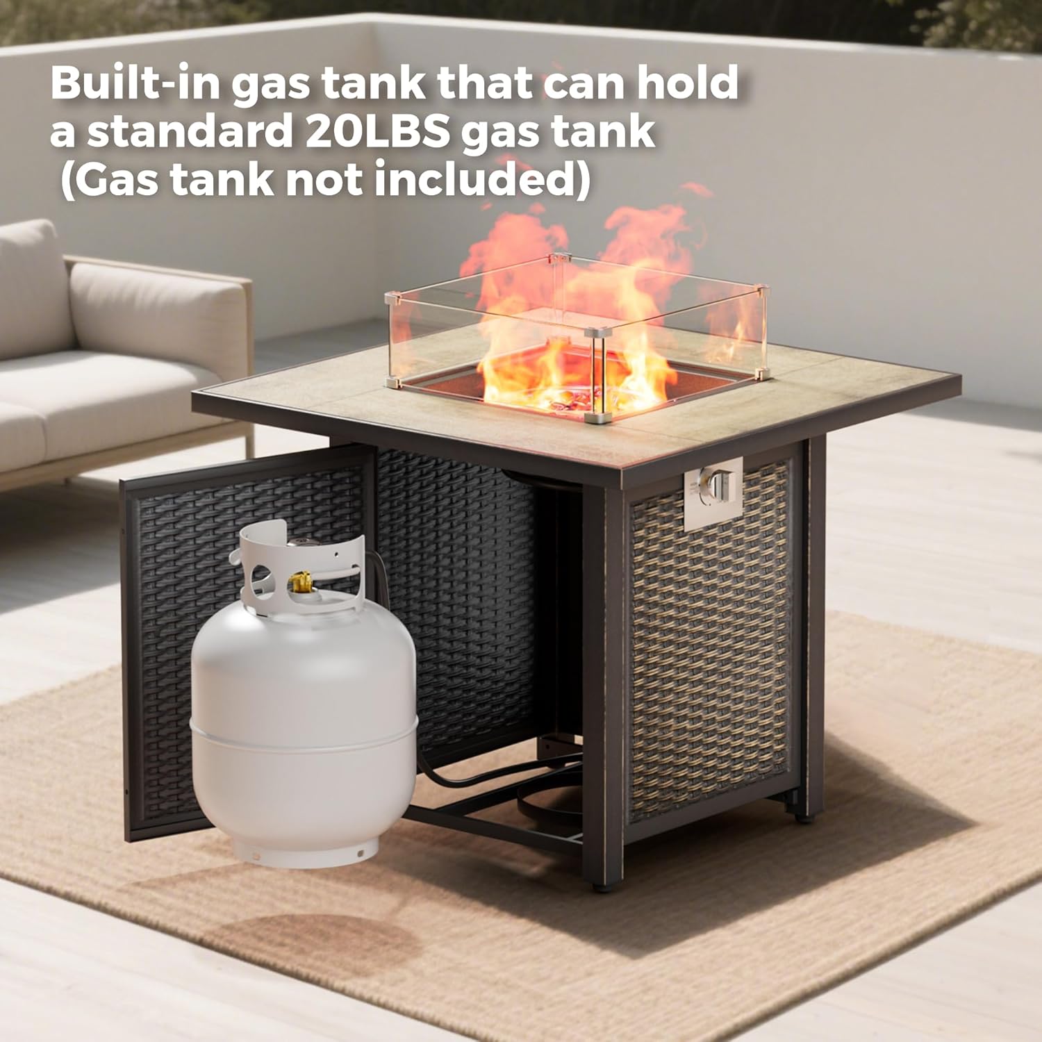 30 Inch Square Outdoor Fire Pit Table with 50,000 BTU Output, Premium Gas Fire Pit Tables for Outside Patio, Propane Fire Pit with Windshield, Glass Stones, Waterproof Cover (Gold Black, 30 inch)