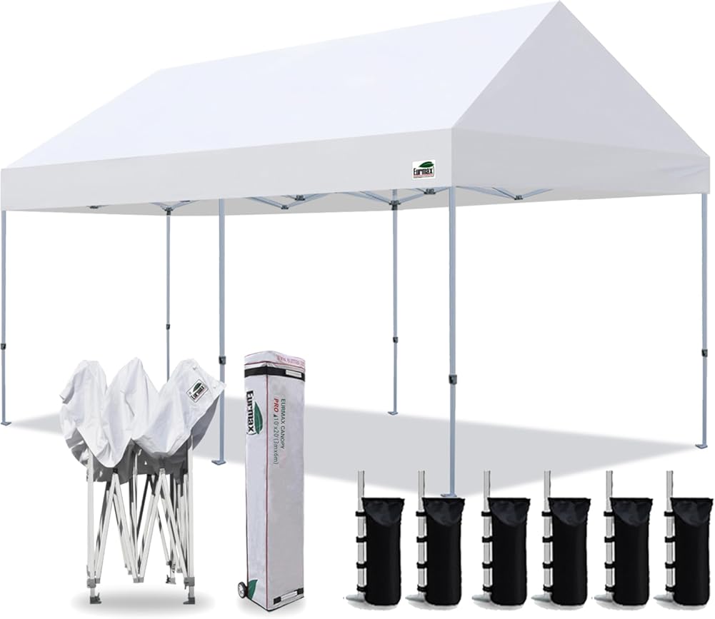 Eurmax USA Patented PRO Aluminium 10x20 Pop Up Canopy Tent Party Tent Commercial Instant Canopies Shelter with Heavy Duty Roller Bag,Bonus 4 Sand Bags(White)