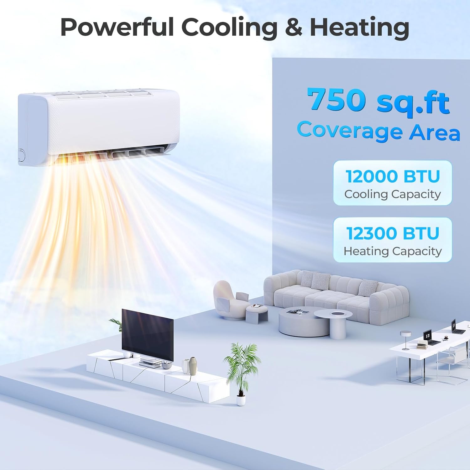 SIMOE 12,000 BTU Wifi Enabled Mini Split, Cools Up to 550 Sq.Ft, 115V SEER2 22, Air Conditioner & Heater with Inverter, Compatible with Alexa, Pre-Charged, White