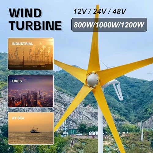 800W-1200W Wind Turbine Generator for 12V/24V/48V with MPPT Controller & 5 Yellow Blades, High Efficiency Windmill for Outdoor Garden & Home Use, Rated Wind Speed 1m/s