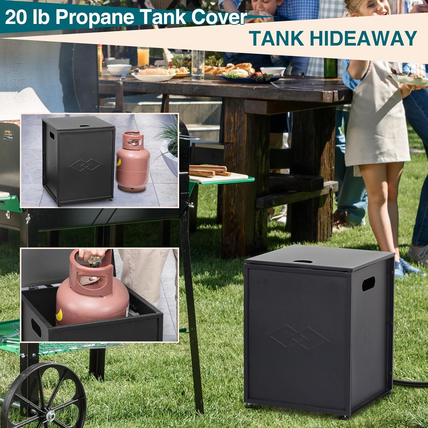 Propane Tank Cover, 20 Lbs Outdoor Propane Tank Storage Box, Stainless Steel Cylinder Hideaway Table with Side Handles, Tank Holder Storage Side Table for Gas Fire Pits, Black