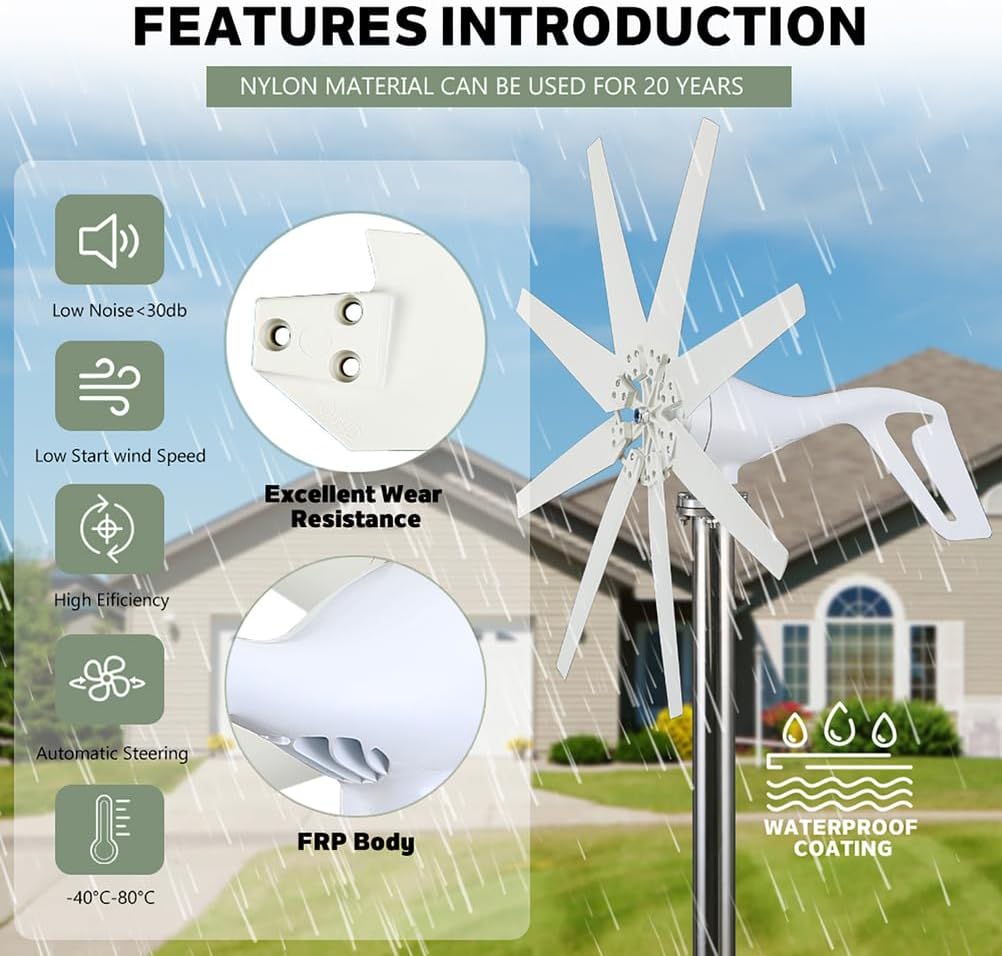2000W Wind Turbine Generator Kit with Coreless Magnet, 48V3 Aerodynamic Fiberglass Blades, Low Starting Speed, Maximum Speed Wind Turbine Generator Kit