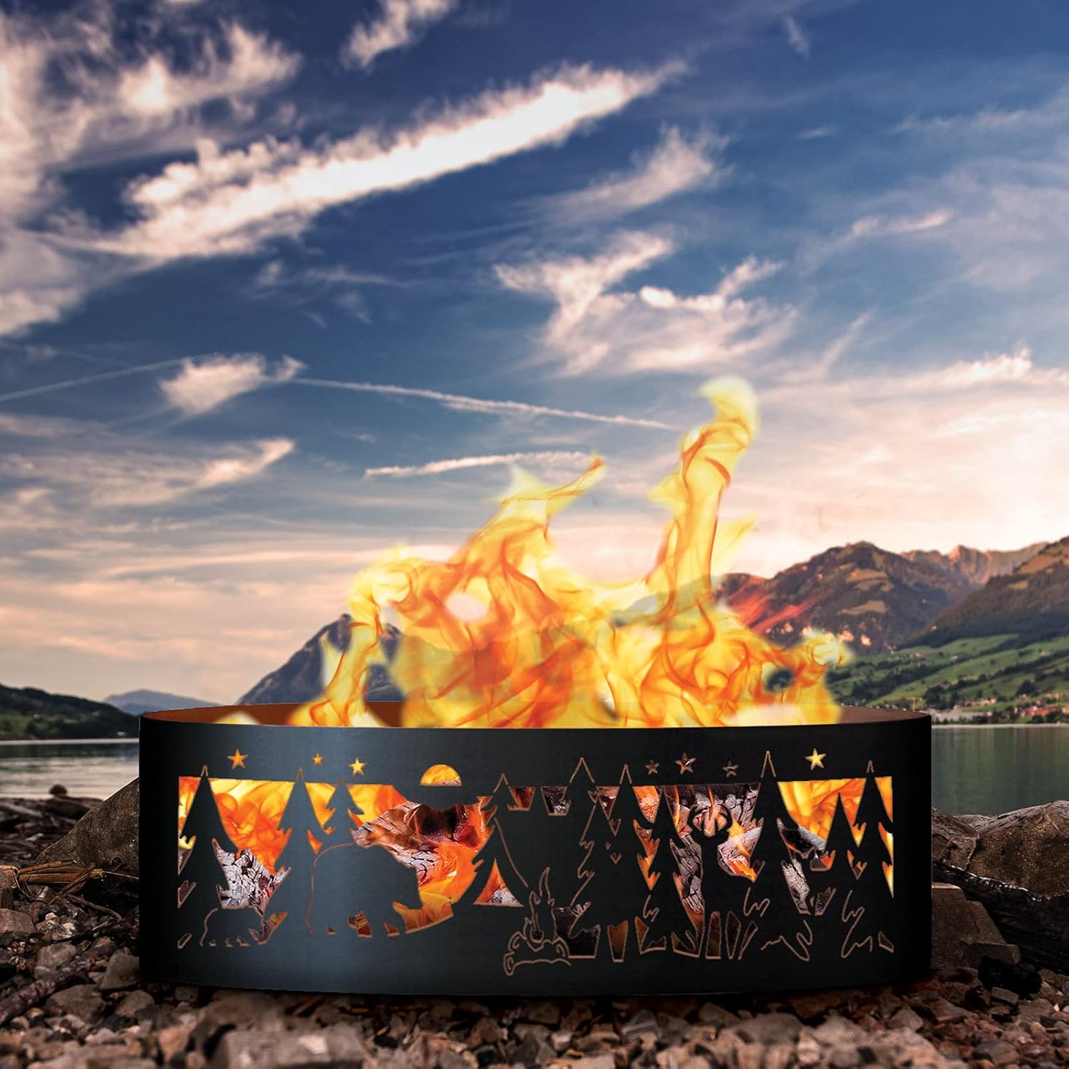 PD Metals NW00730-FP Northwoods Unpainted 12 in. Tall 30 in. Diameter Outdoor Fire Ring with Fire Poker - 30 x 30 x 12 in. - Rustic Black Color