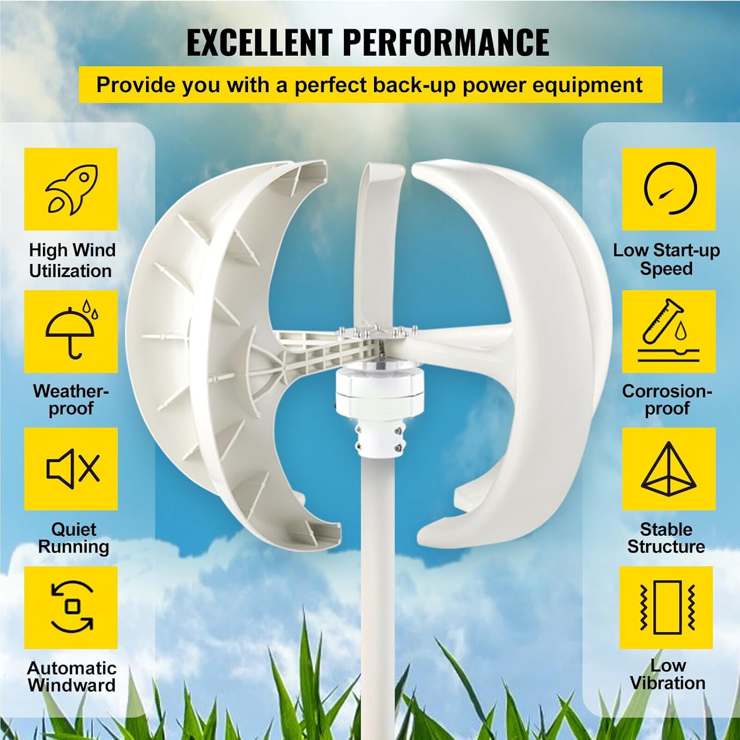 10000W Small Vertical Axis Wind Turbine Generator for Home 12V 24V 48V with MPPT Low Noise Windmill for Streetlights High Wind Energy Utilization Easy to Install