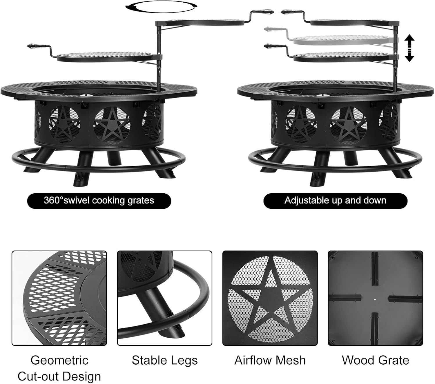 36 Inch Fire Pit with 2 Grills, Wood Burning Fire Pits for Outside with Lid & Poker, BBQ& Outdoor Firepit & Round Metal Table 3 in 1 for Patio, Picnic, Party