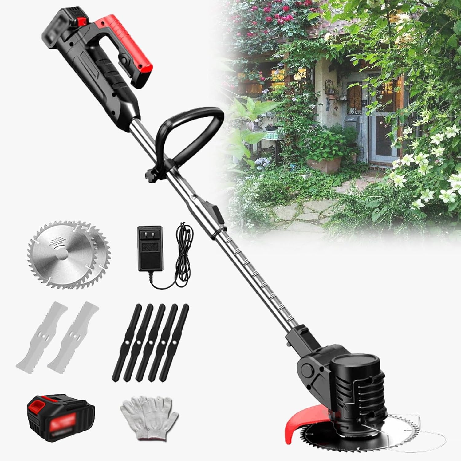 1880W Multifunctional Small Household Electric Lawn Mower, Handheld Cordless Electric Telescopic Pole Anti-Slip Handle Weeder,24V/4.0Ah
