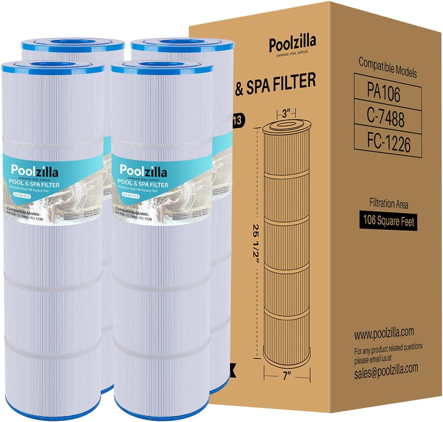 Poolzilla [4 Pack] Pool Filter Cartridge, Compatible with PLF106A, Hayward CX880XRE, Ultra-A1, Pleatco PA106, Unicel C-7488, Filbur FC-1226, FC-6430, SwimClear C4020, C4030 [L x OD: 25.5