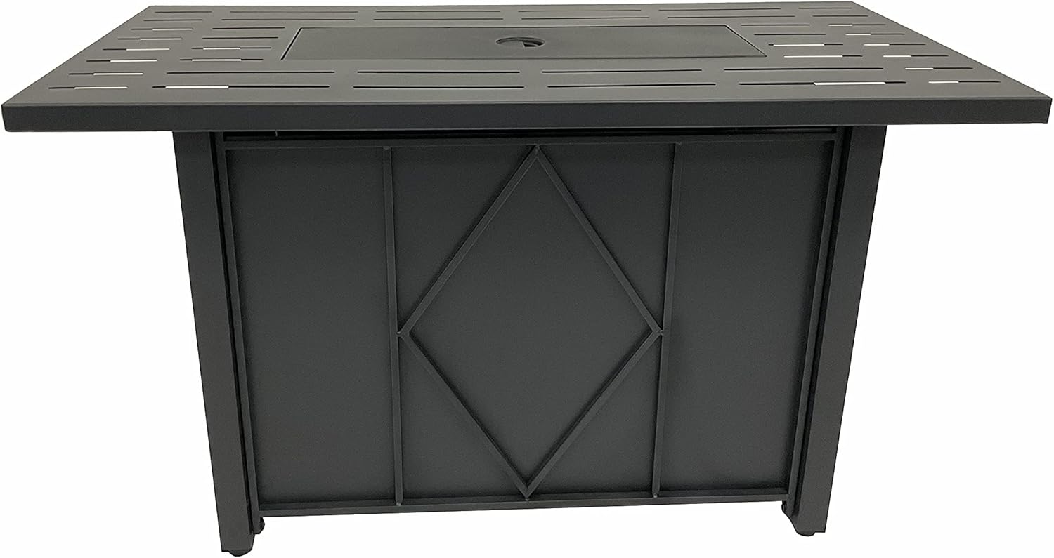 43in Propane Fire Pit Table 50,000 BTU Auto-Ignition Rectangular Gas Fire Pit Table with Glass Wind Guard, Glass Rock (Blue), Lid, Waterproof Cover