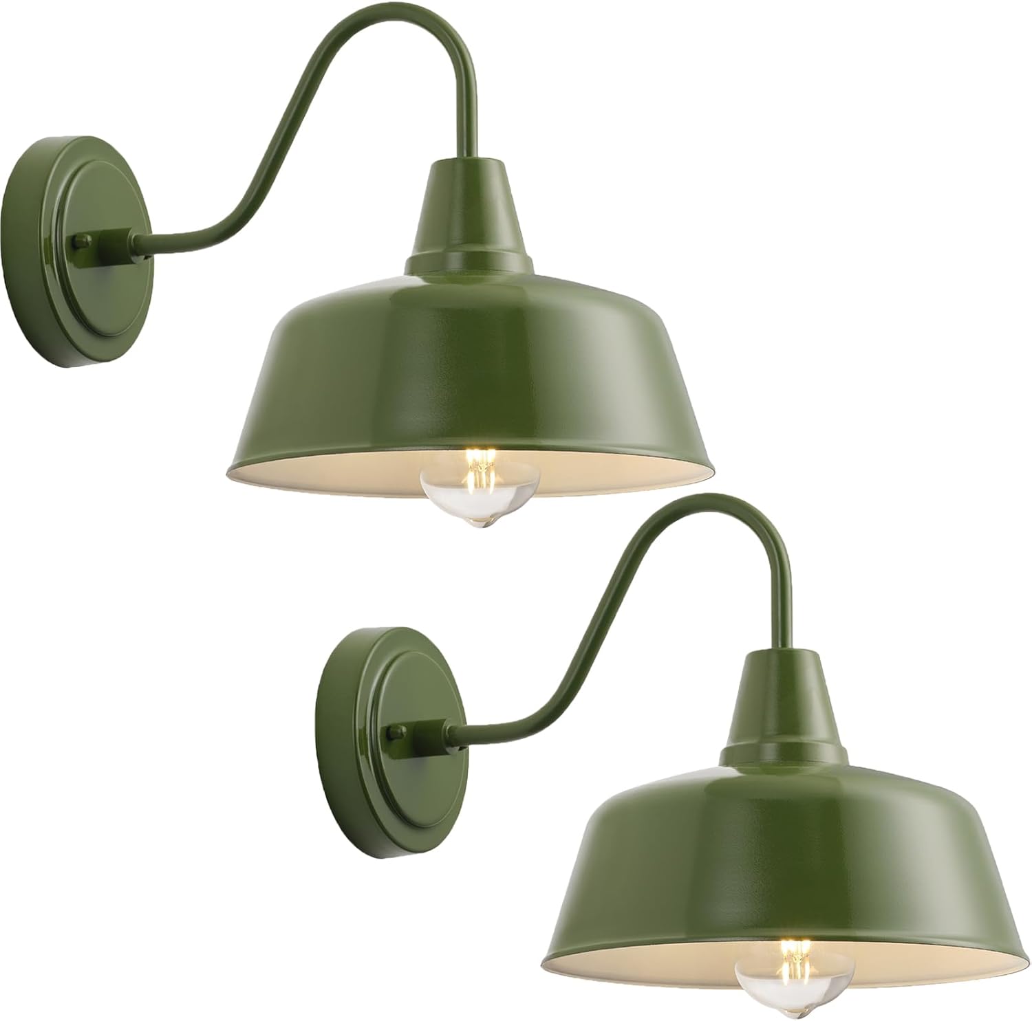 10-Inch Olive Green Gooseneck Barn Lights (2-Pack) - Rustic Outdoor Wall Sconces for Farmhouse, Porch & Garage, Weather-Resistant Metal Exterior Light Fixture with Dome Shade