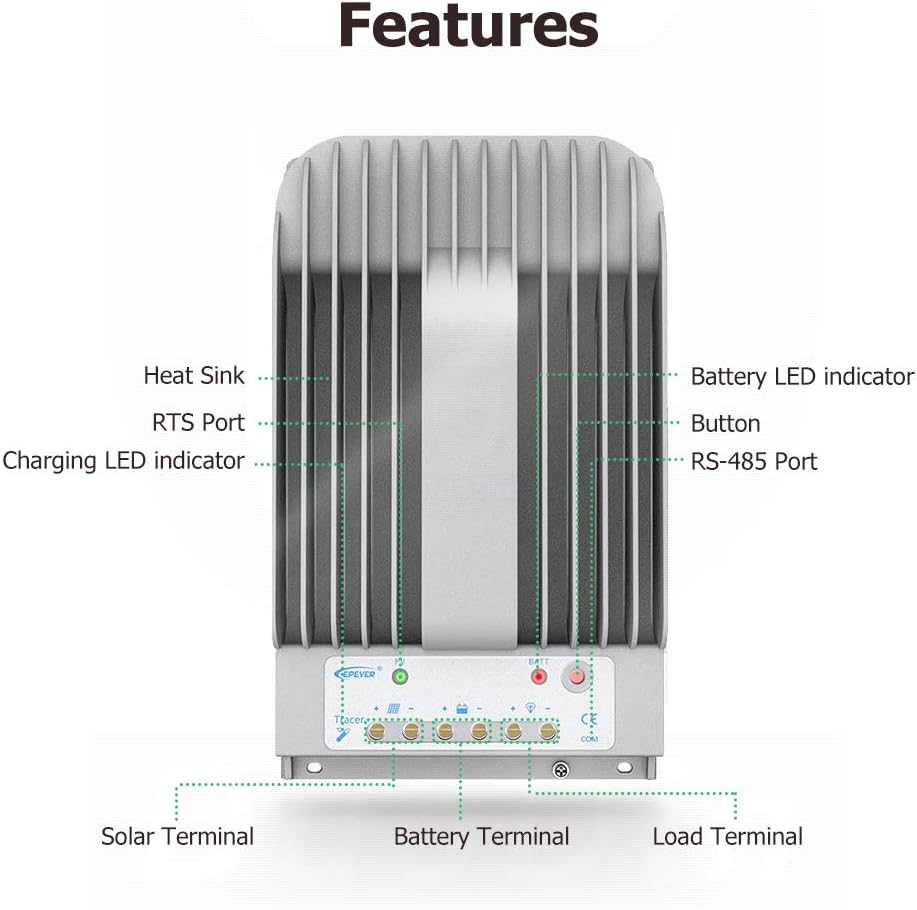 EPEVER 40A MPPT Solar Charge Controller 12/24VDC Automatically Identifying System Voltage with MT52 Remote Meter &Temperature Sensor RTS &Communication Cable RS485