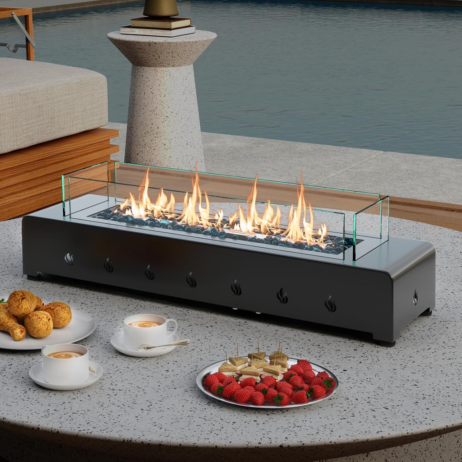 Happygrill 30 Inch Tabletop Propane Fire Pit, 40,000 BTU Table Top Firepit Fire Bowl with Wind Guard, Glass Rocks, Stainless Steel Burner & Cover, Outdoor Portable Fireplace for Patio, Camping