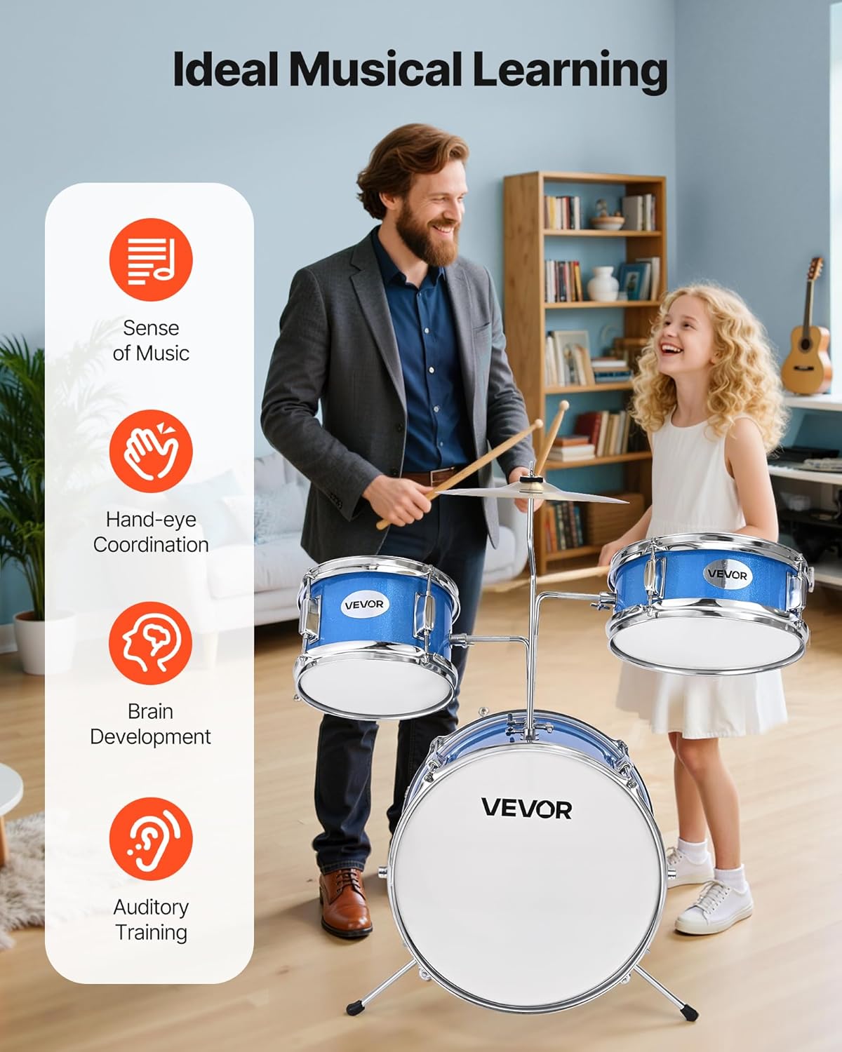 VEVOR Kids Drum Set, 3-Piece 14 in Junior Drum Sets, Beginner Drums Set with Adjustable Throne, Cymbal & 4pcs Drumsticks, Musical Learning Drums Instruments Kit, for Children Ages 6-13, Sky Blue