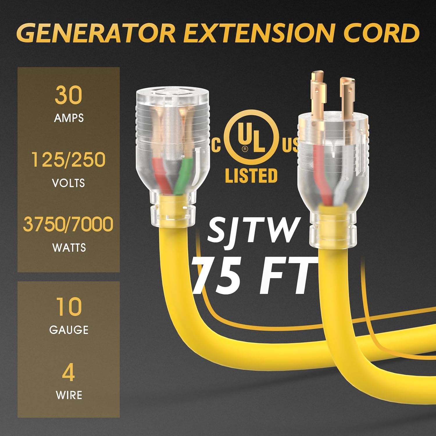 TOOLIOM 30 Amp Generator Cord, L14-30P/L14-30R Generator Extension Cord, UL Listed Heavy Duty Generator Power Cord 125/250V 7500W 10 AWG SJTW RV Extension Cord with Lighted Power Indicator (75FT)