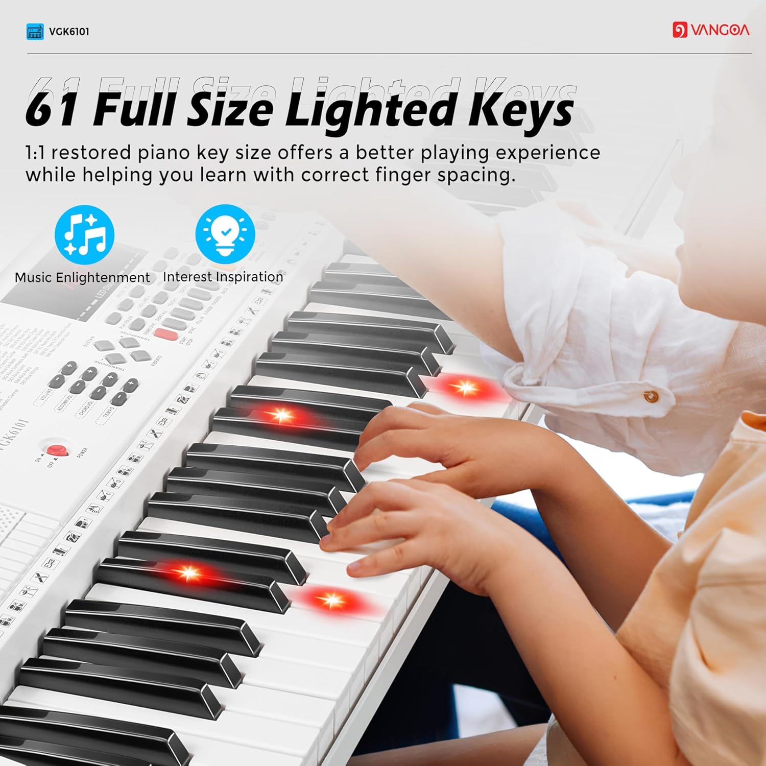 Vangoa Keyboard Piano 61 Key, Full Size Electric Piano Keyboard Light UP Keys with 3 Teaching Modes, Learning Music Keyboard Piano with Stand Headphones for Beginners Students, VGK6101 White
