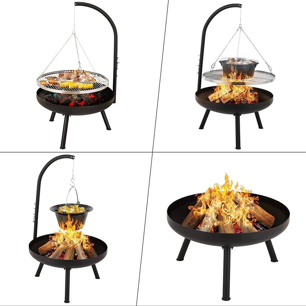 Outdoor Bbq Fire Pit Bowl Tripod Hanging Swivel Grill Adjustable for Camping