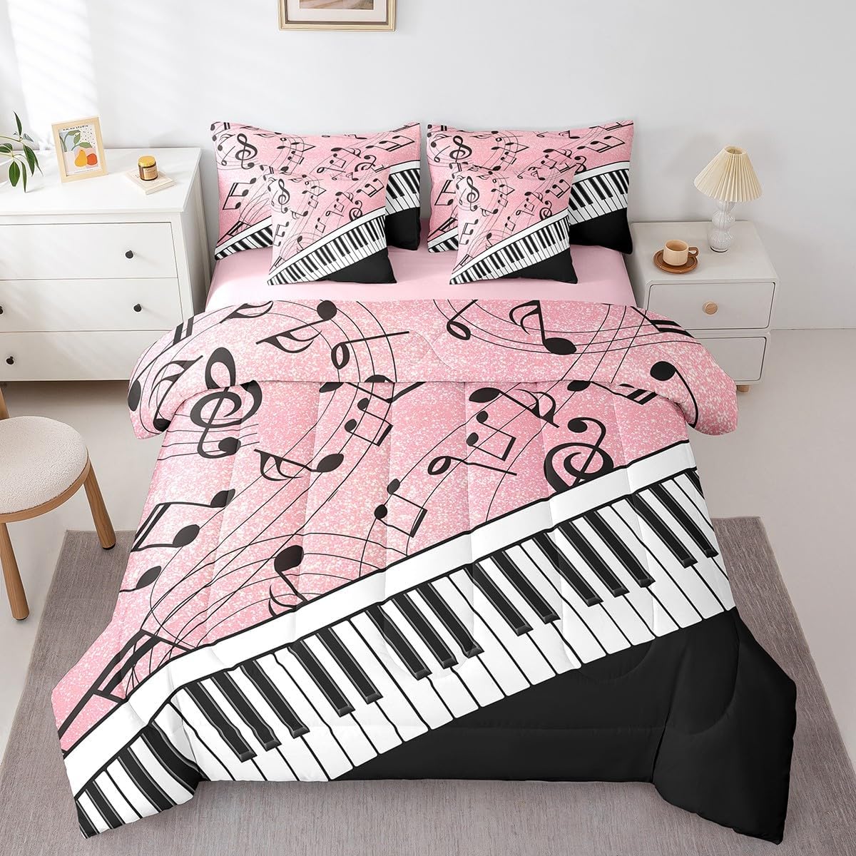 Manfei 7 Pieces Musical Notes Comforter Set Queen Size, Black White Piano Key Bedding Set, Music Theme Pink Glitter Print Bed in Bag with Comforter, Sheets and Pillowcases, Kids Girls Room Decor