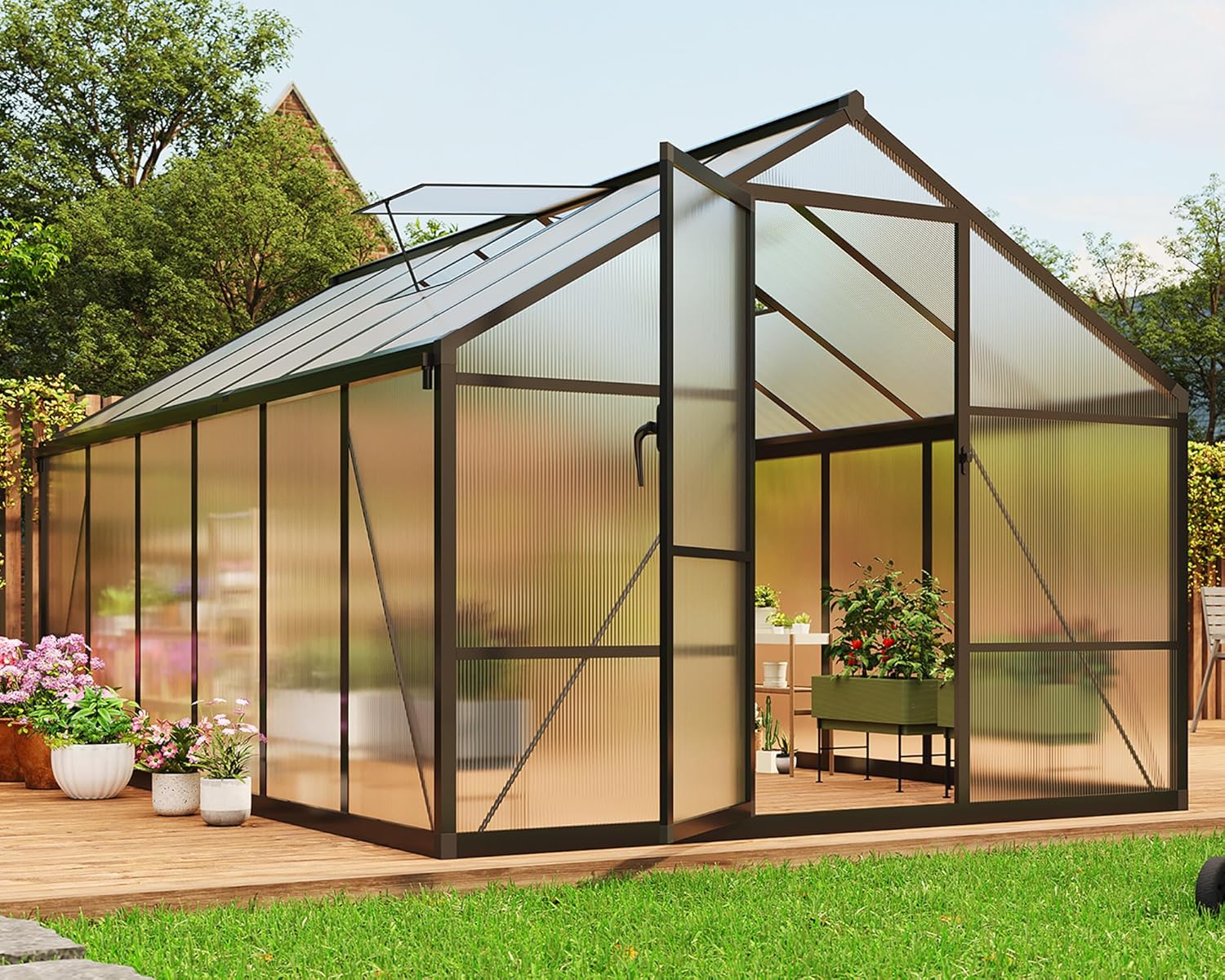 8X12 FT Outdoor Polycarbonate Greenhouse, Sturdy Aluminum Frame, Adjustable Roof Vent, Ideal for Backyard, Patio, or Garden, All-Weather Green House for Growing Plants and Vegetables