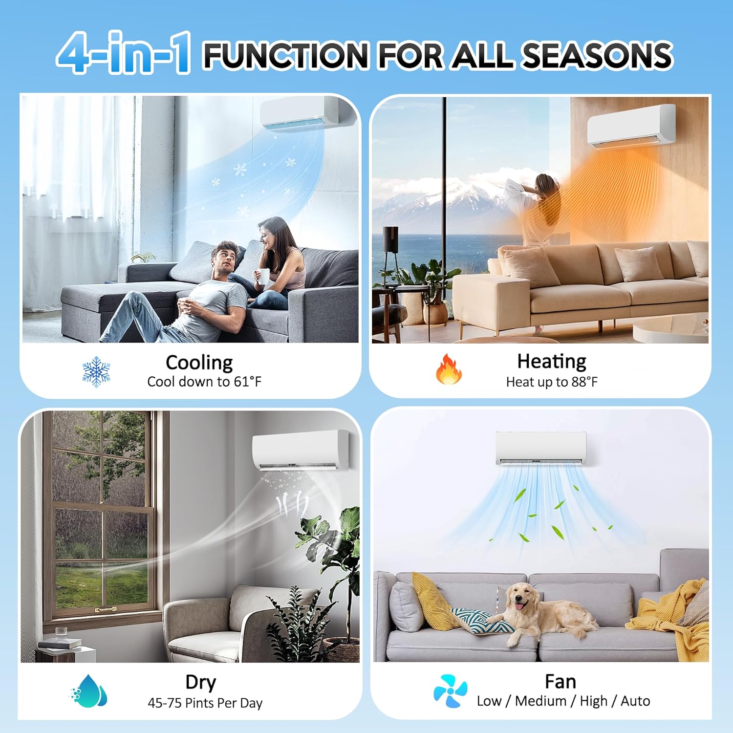 9000 BTU Mini Split Air Conditioner ＆ Heat Pump - 110V/120V Wall Mount Ductless Inverter AC/Heating System - 19 SEER2, Ultra Quiet