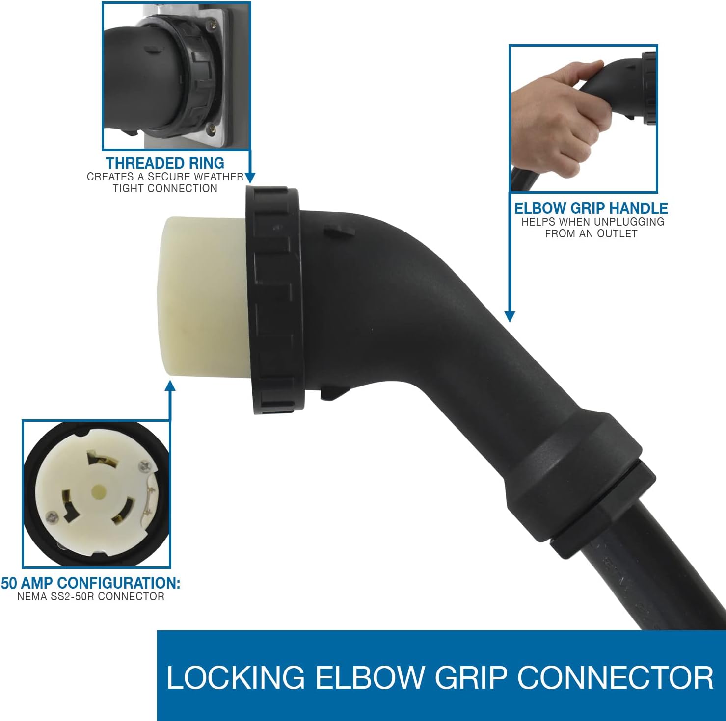 Conntek 50 Amp 50 ft RV/Generator Cord with Reverse Polarity Indicator, Heavy Duty 6/3+8/1 Gauge STW Wire, 14-50P Male and SS2-50R Twist Locking Female for RV Camper and Generator to House