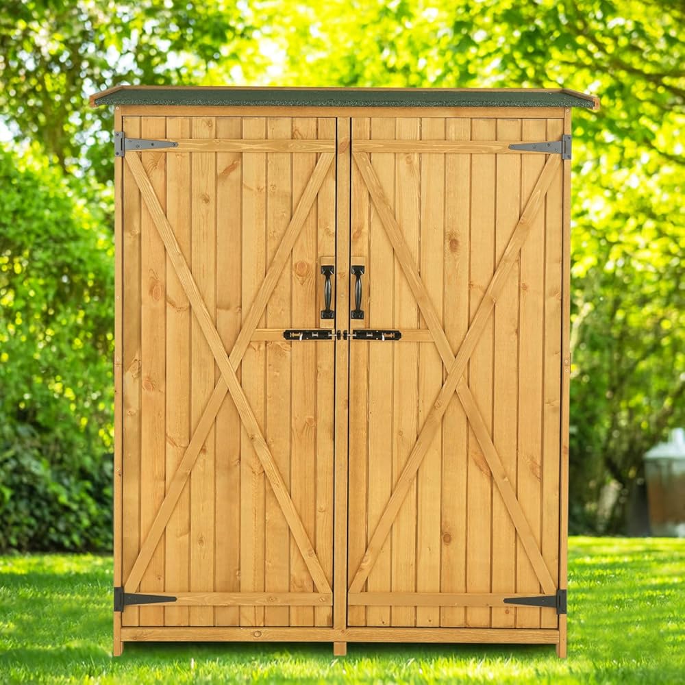 64in Wooden Garden Tool Storage Cabinet,Outside Waterproof Tool Storage Shed,Patio Furniture Storage House,Wooden Garden Storage Shed,with Asphalt Roof & Doors,for Deck, Lawn, Yard, Garage (Natural)