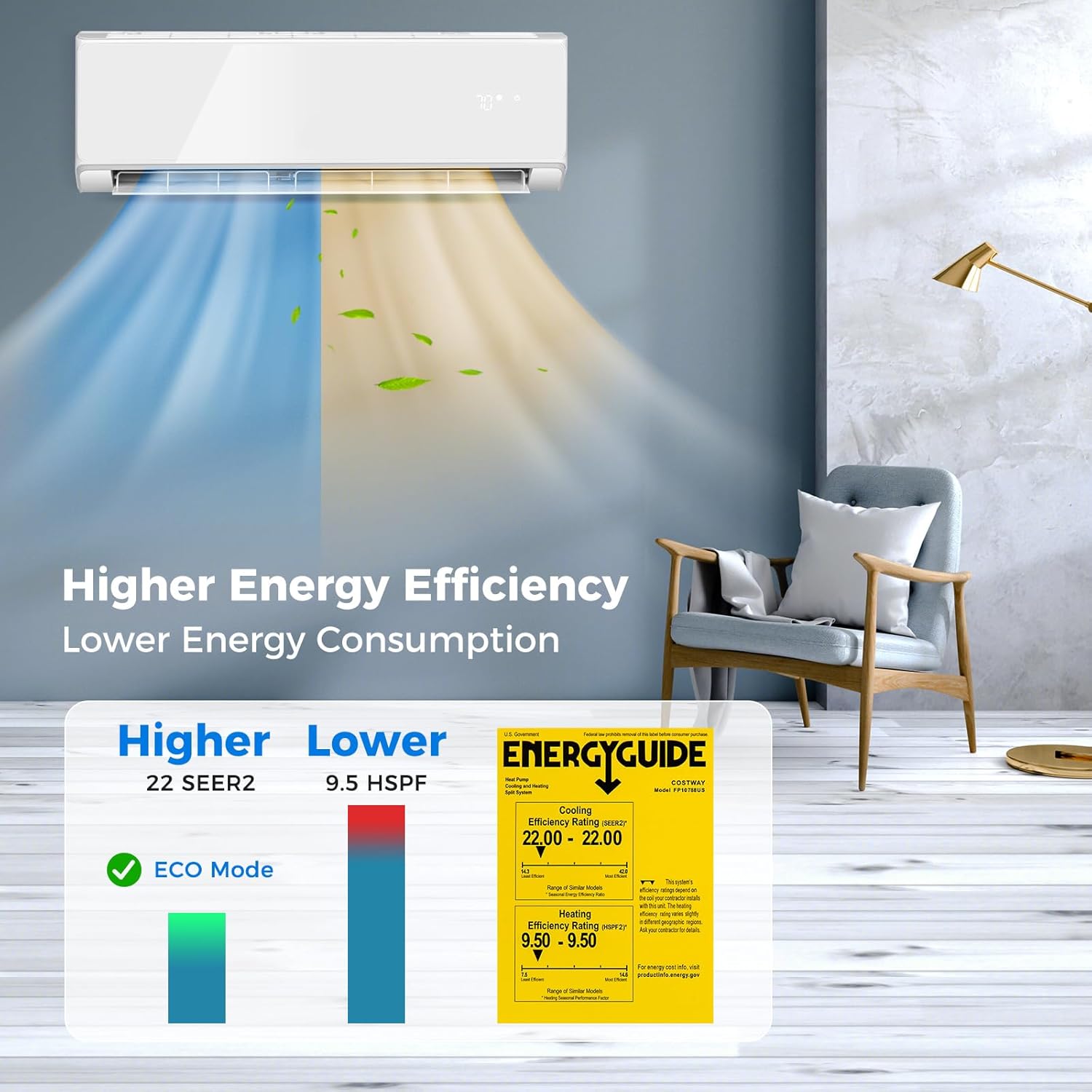 KOTEK 12000 BTU Mini Split AC/Heating System, 22 SEER2 Split Air Conditioner w/Heat Pump, Inverter Compressor & Installation Kit, WIFI Enabled, Cools Up to 750 Sq.Ft, Compatible with Alexa, 208-230V