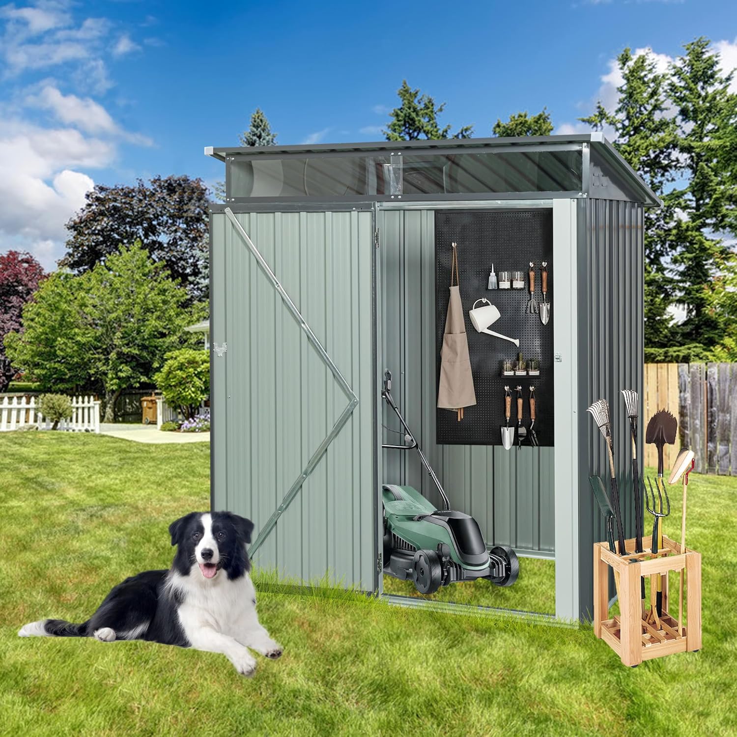 5ft x 3ft Outdoor Metal Storage Shed with Transparent Plate, Gray, Galvanized Steel Hinged Door & Durable Aluminum Frame for Garden Tools & Equipment