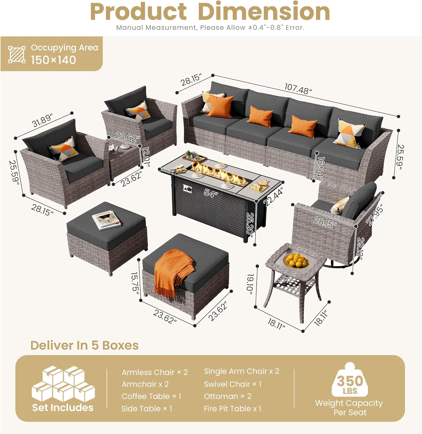 HOOOWOOO Outdoor Sectional Patio Furniture Set with Fire Pit Table,Fully Assembled 12 Pieces Wicker Patio Conversation Sets,Out Door Sofa with Swivel Chair Ottoman Deep Seat,Black
