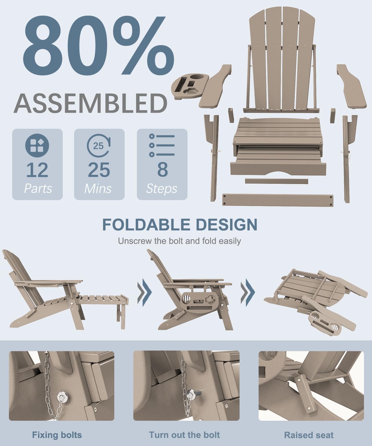 Adjustable Adirondack Chair with Retractable Ottoman Set of 2, HDPE Folding Adirondack Chair with Cup Holder, All Weather Fire Pit Chair for Outdoor.