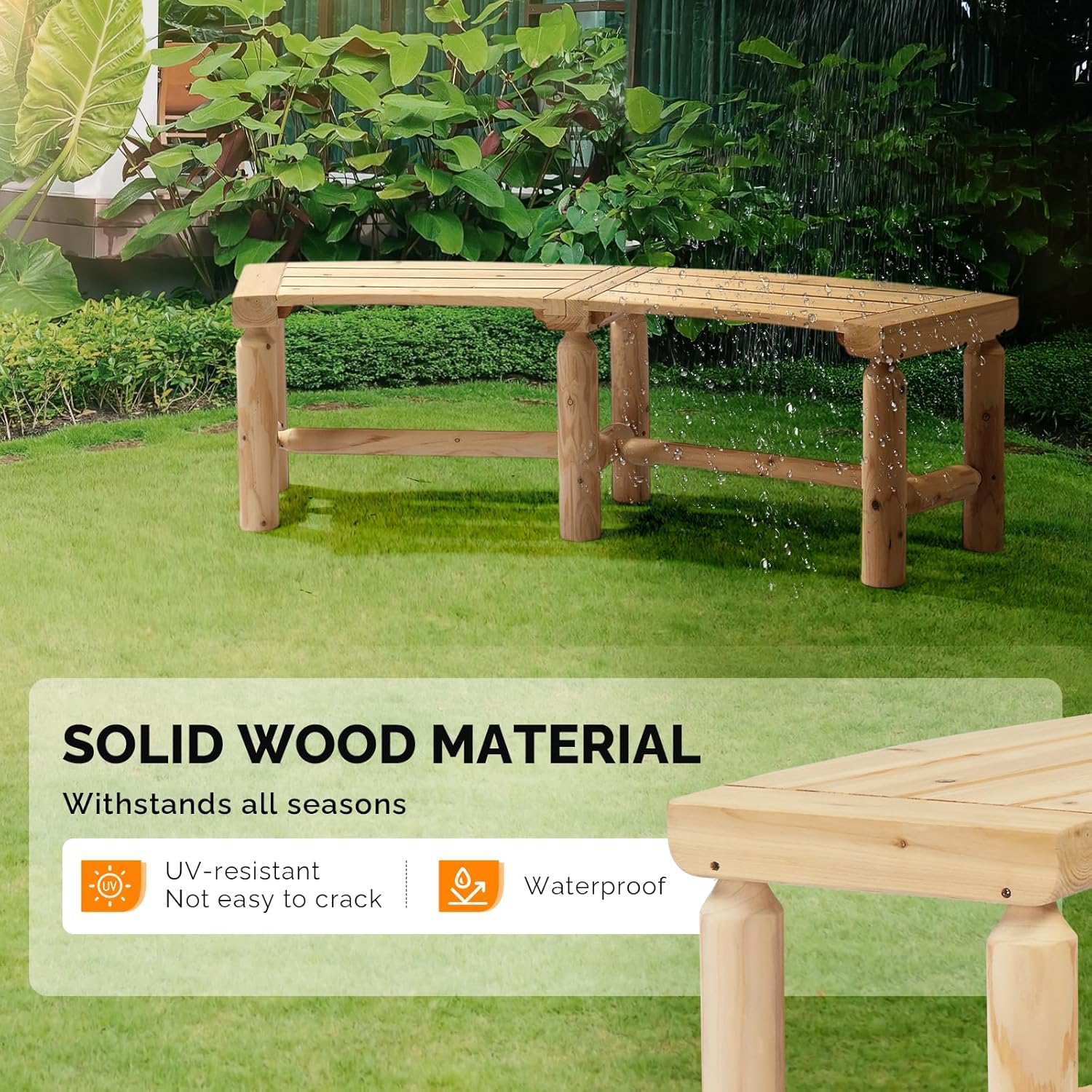 VINGLI Outdoor Bench Wooden Curved Bench, All-Weather Fire Pit Backless Patio Bench, 2-Person Seating Rustic Garden Bench for Backyard Porch Deck Entryway (Natural)