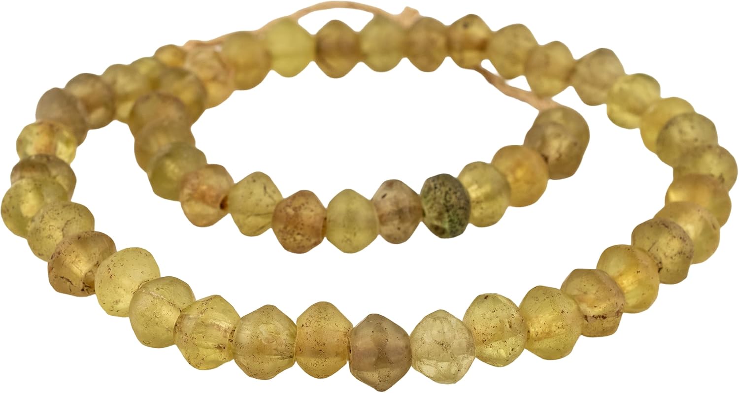 The Bead Chest Antique Yellow Vaseline Beads 15mm Ethiopia African Bicone Glass Large Hole 26-28 Inch Strand Handmade