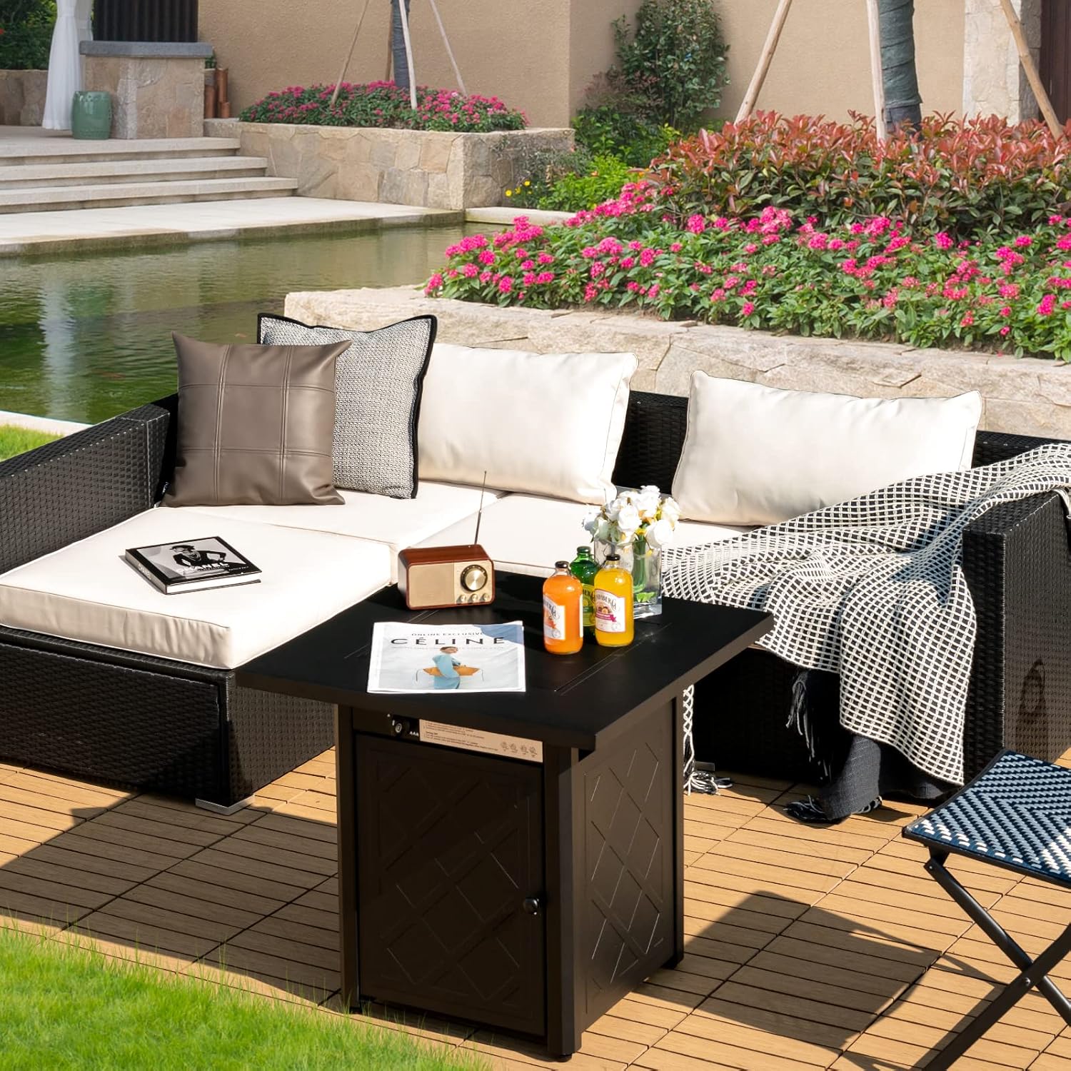 Tangkula 28 Inches Outdoor Propane Fire Pit Table, Patiojoy 50,000 BTU Patio Gas Fire Pit Table, 2-in-1 Square Auto-Ignition Fire Table with Lid and Lava Rocks for Backyard, Party