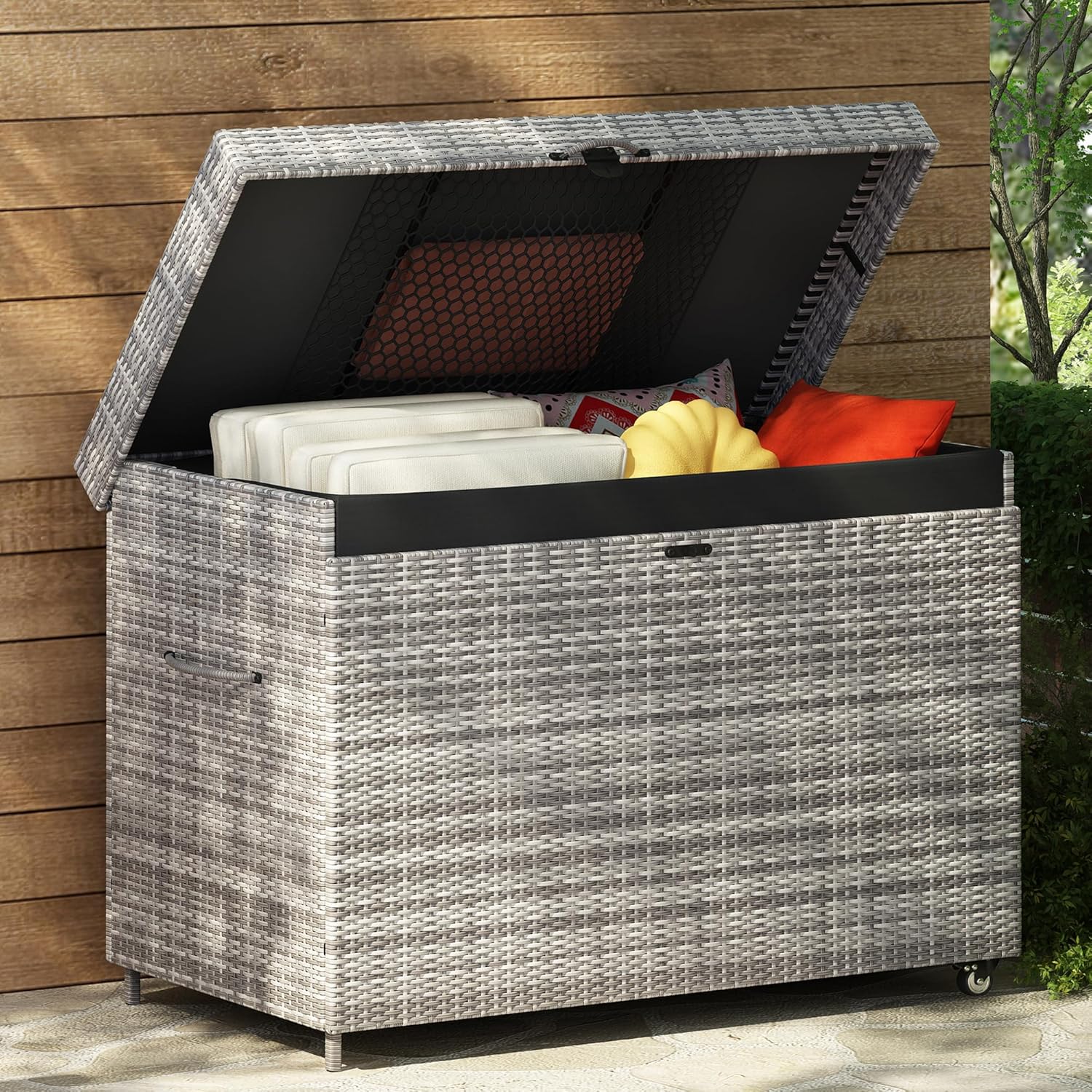 JOSHEN 230 Gallon Outdoor Storage Box,All Weather Resistant Wicker Deck Box,Lockable Rattan Storage Bin with Wheels and Bench Lid for Patios,Garden,Grey
