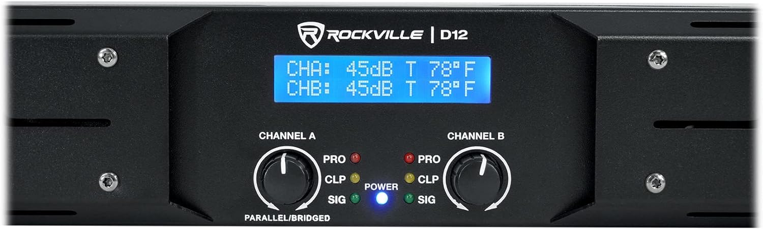 Rockville D12 5000W Peak/1400W RMS 2-Channel Class D Amplifier, LCD Display, Crossover Switch, Rack-Mountable, 4/8 Ohm Power Output, for DJs and Live Sound