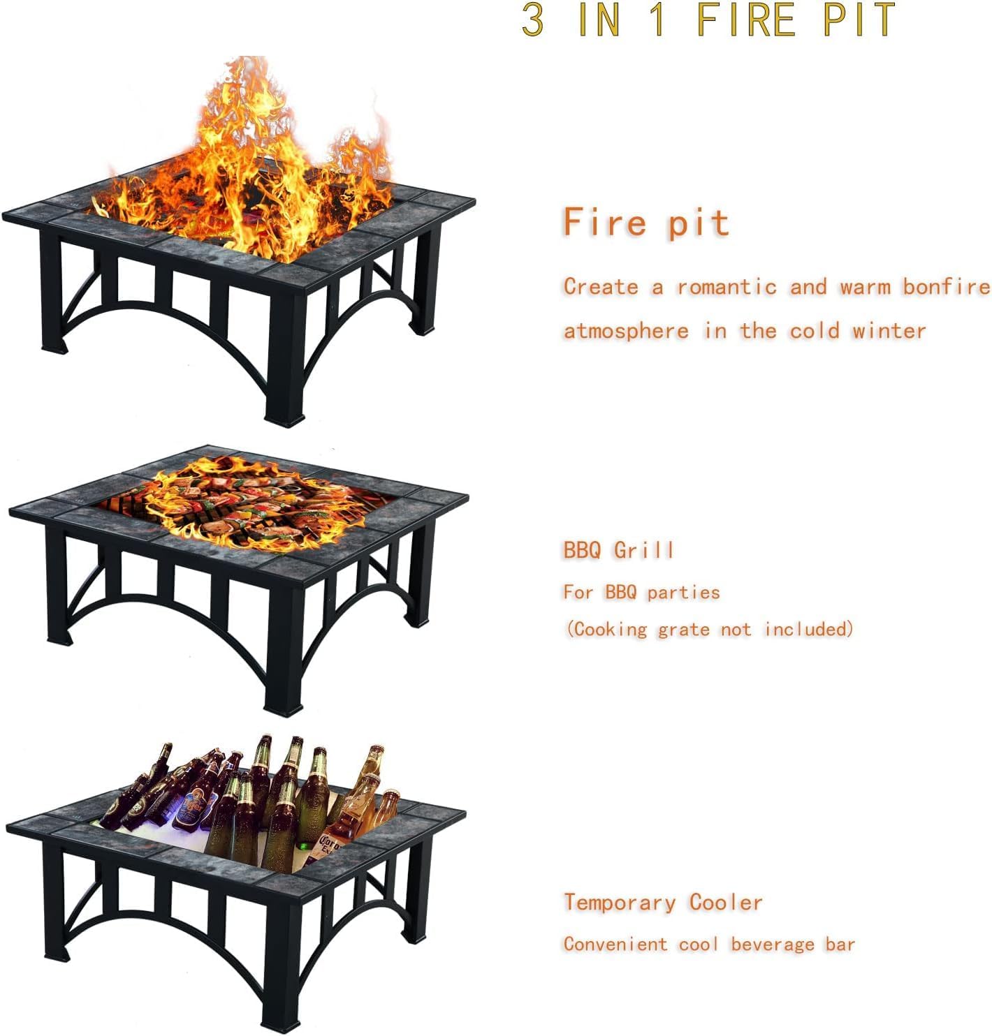 GRAND PATIO Fire Pits for Outside 35'' Wood Burning Square Marble Tile Tabletop Fire Tables for Patio Bonfire,Camping,Outdoor Heating, with Spark Screen and Poker