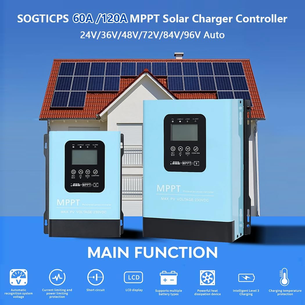 Y&H 60A MPPT Solar Charge Controller,12V 24V 36V 48V 60V 72V 84V 96V Solar Battery Regulator PV Max 230V for Sealed Lead Acid Gel and Li Battery