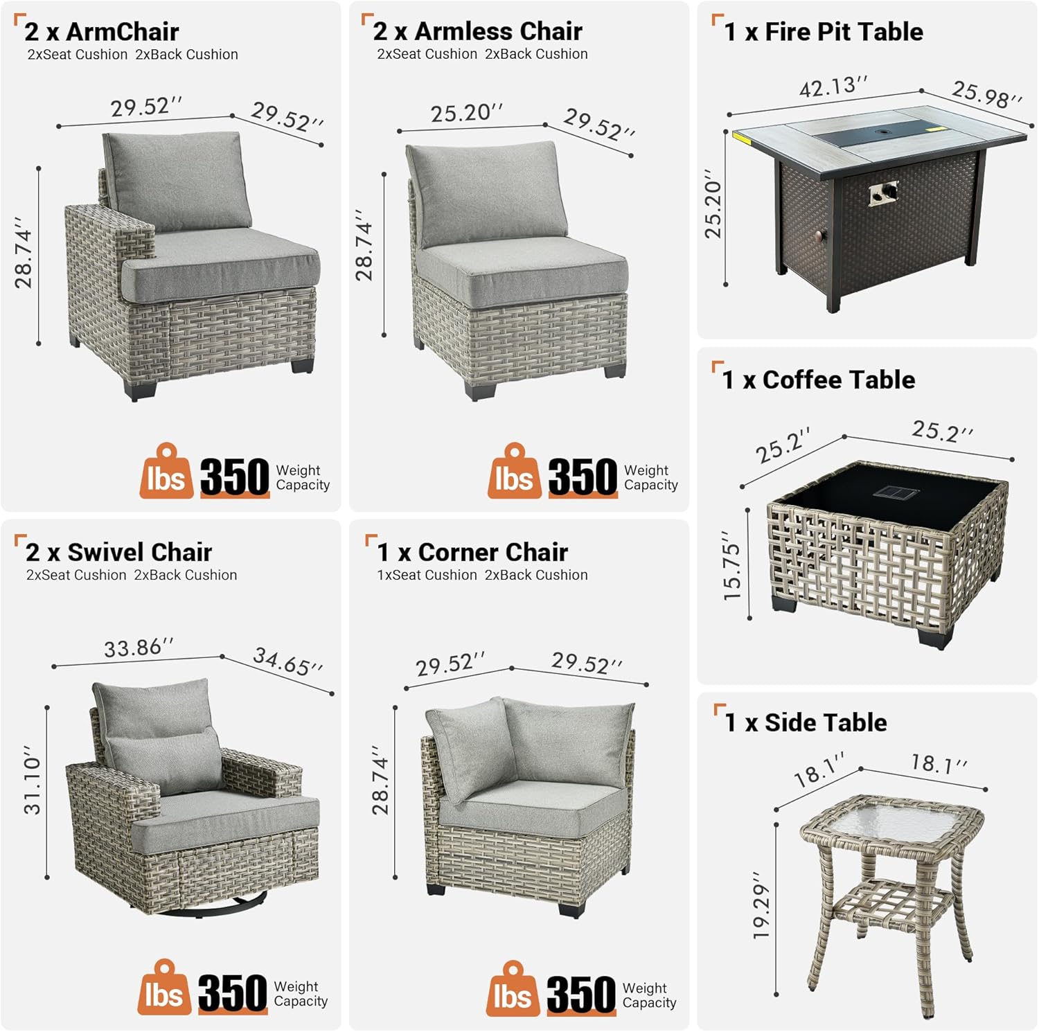 ovios 10 Piece Patio Sectional Furniture with 42