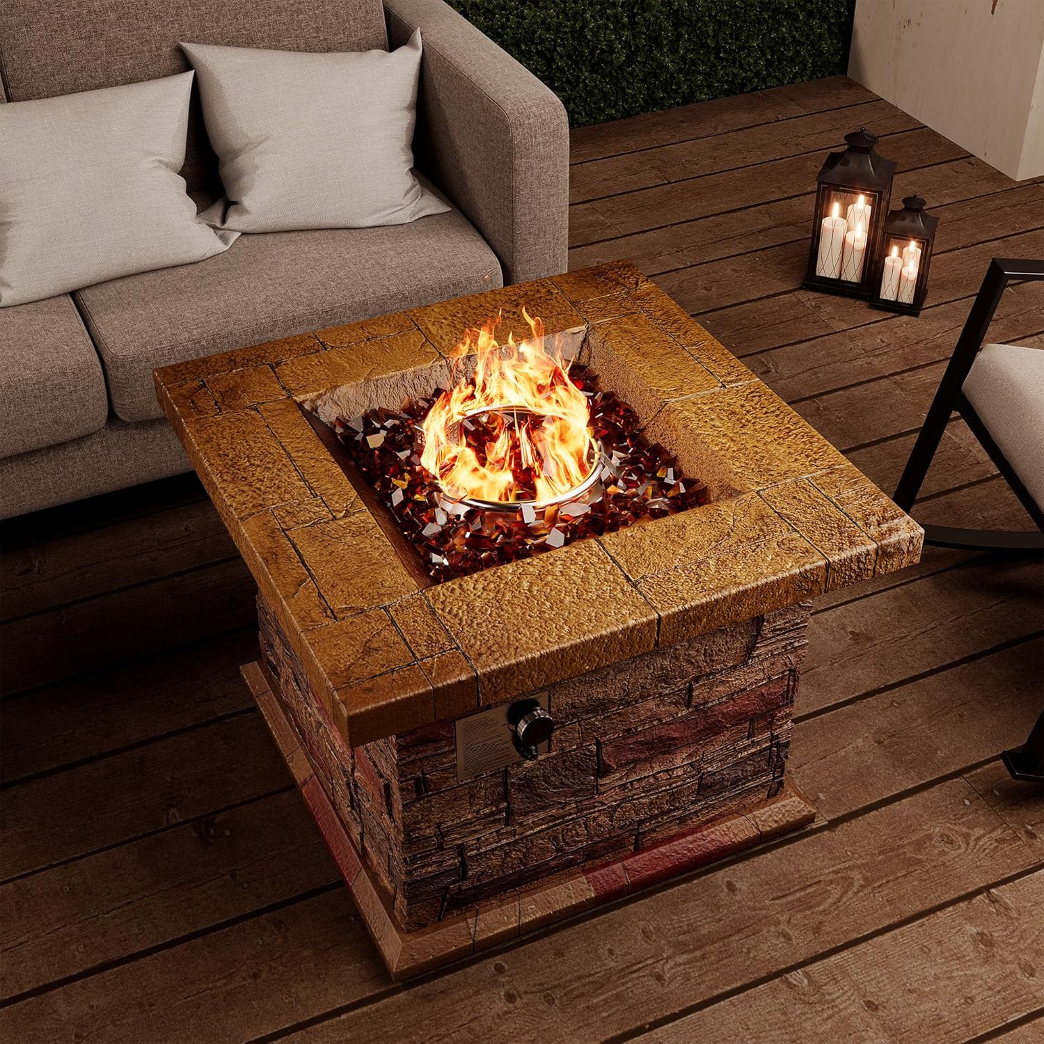 SUNBURY Outdoor 35 Inch Propane Fire Pit Table, Square Patio Fire Table 50,000 BTU Concrete Fire Table w Brown Fire Glass