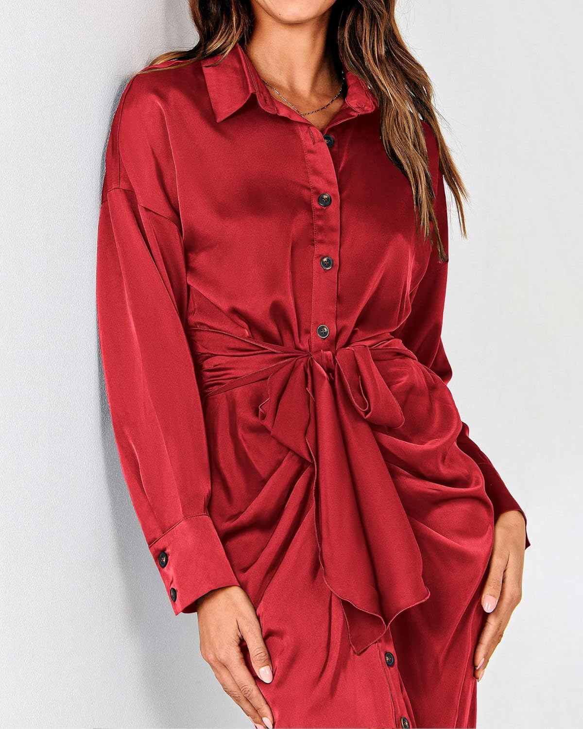BTFBM Summer Dresses for Women 2026 Long Sleeve Lapel V Neck Button Down Elegant Belted Ruched Satin Shirt Spring Dress