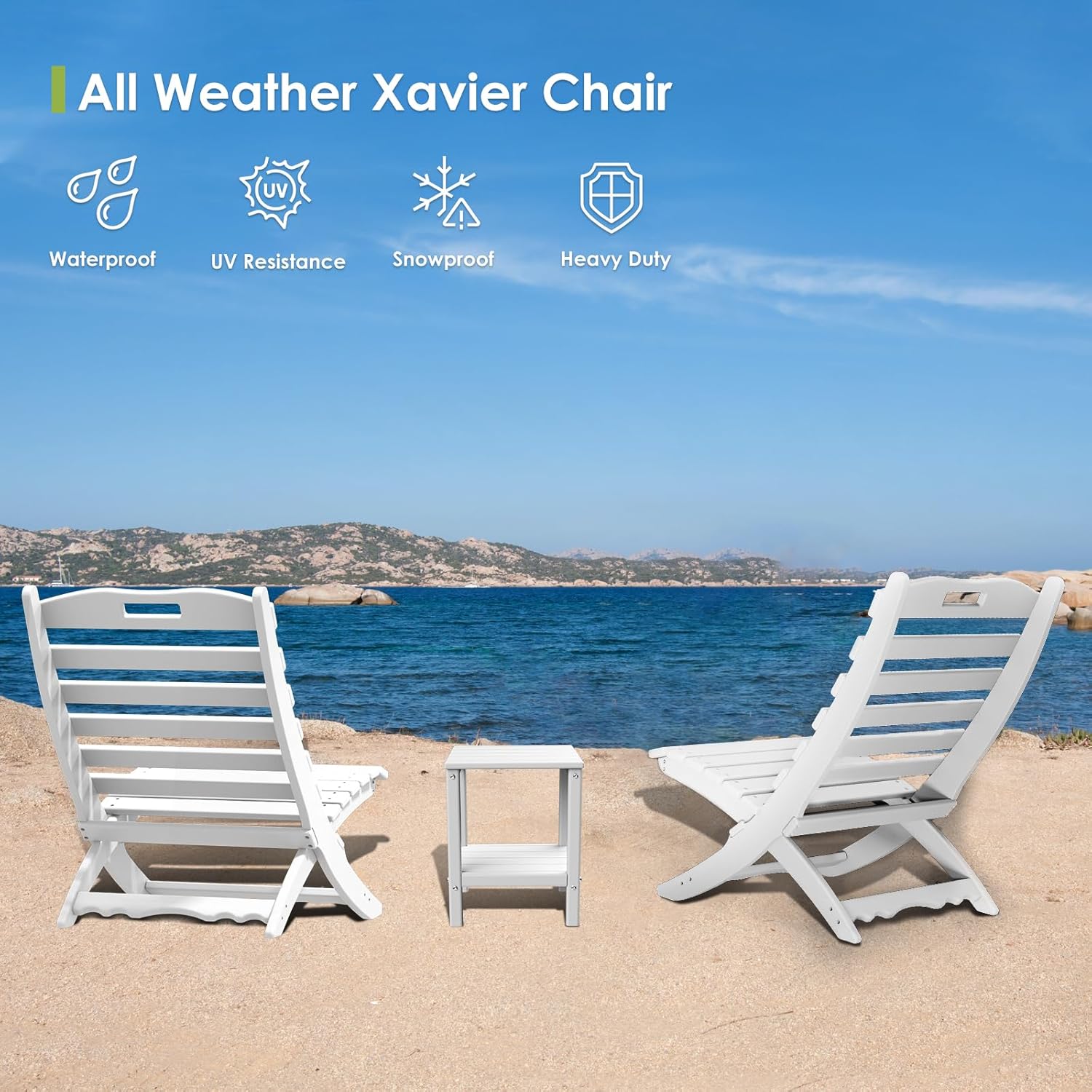 GREENVINES Folding-Xavier-Chairs Set of 4 | Wave | Portable Adirondack-Chair | HDPE Plastic | All Weather Fire-Pit Chair | White | for Beach Outdoor Deck Poolside Garden Patio Porch Fishing