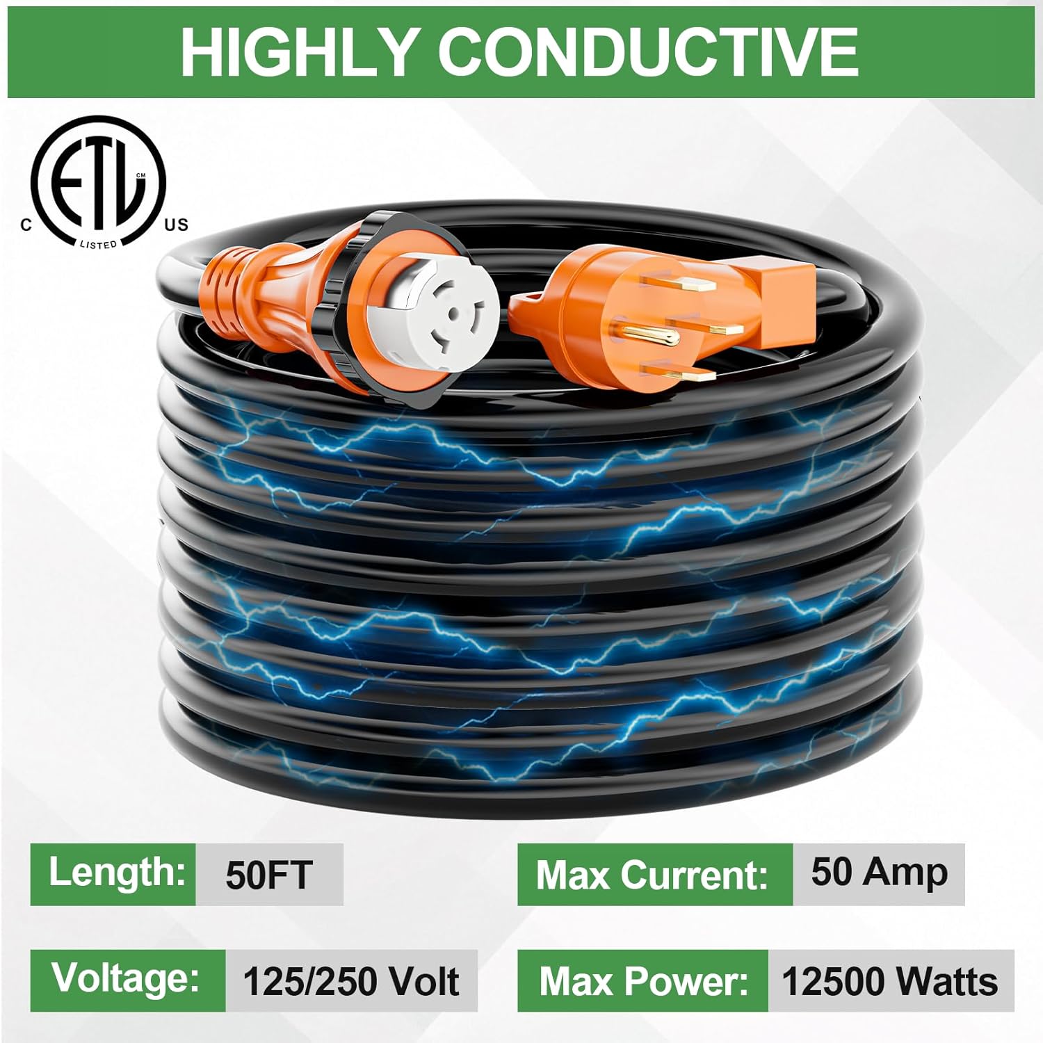 50 Amp Generator Extension Cord 50 Ft- Rated for 250V /12500W+50 Amp Generator Inlet Box with Green Safety Light