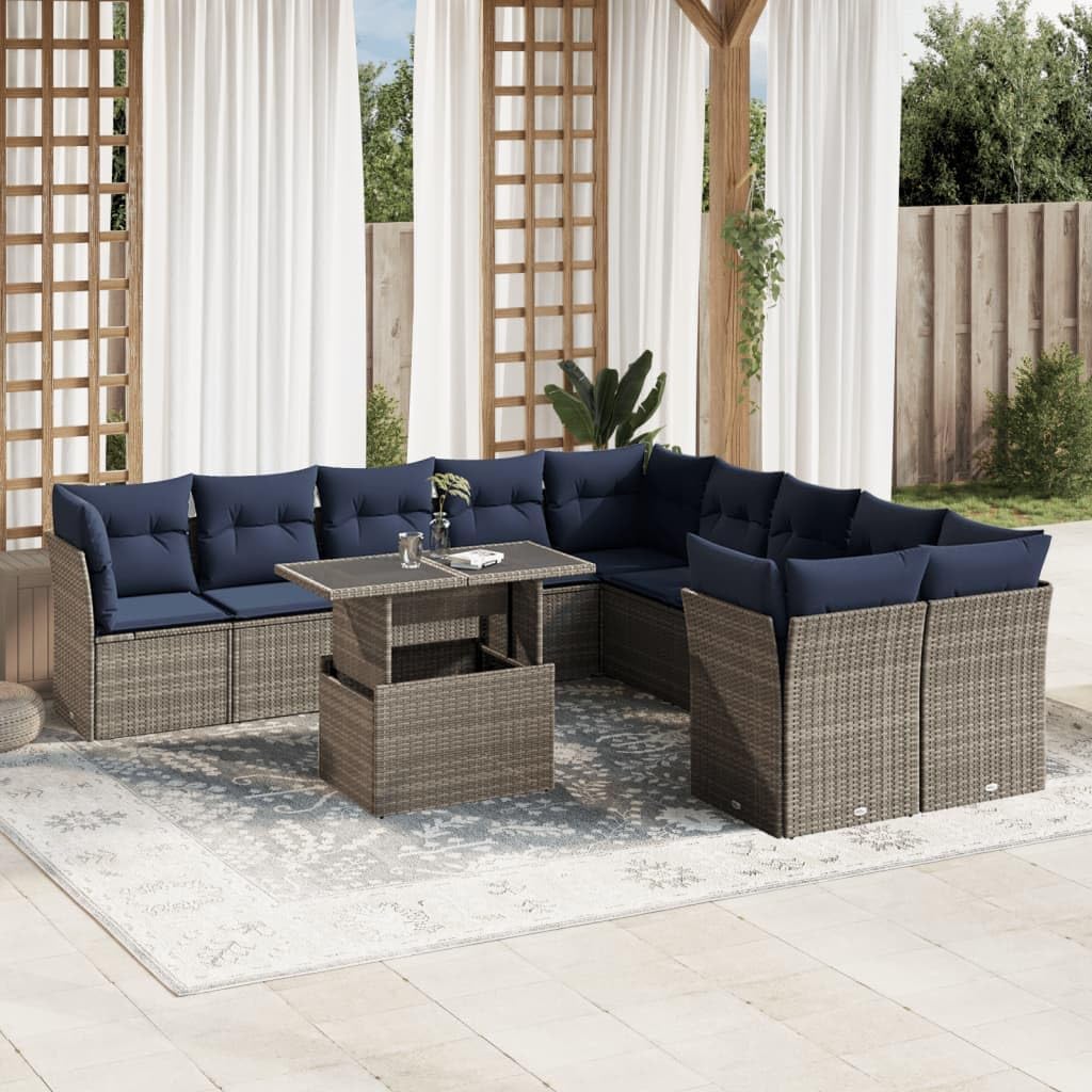 11 Piece Garden Sofa Set with Cushions, Grey Poly Rattan Outdoor Furniture, Adjustable Dining Table, UV-Resistant Patio Furniture Set