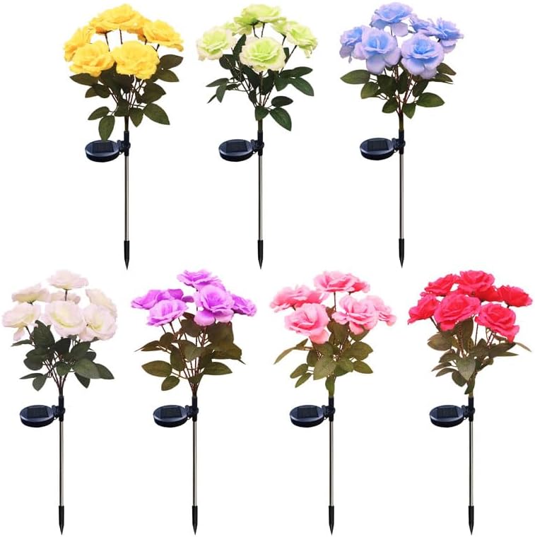 Solar Garden Rose Lights, Multi-Color LED Flower Stakes, 7-Head Artificial Rose Lamp, Outdoor Decorative Lighting for Yard, Path, No Installation Required (Colorful)