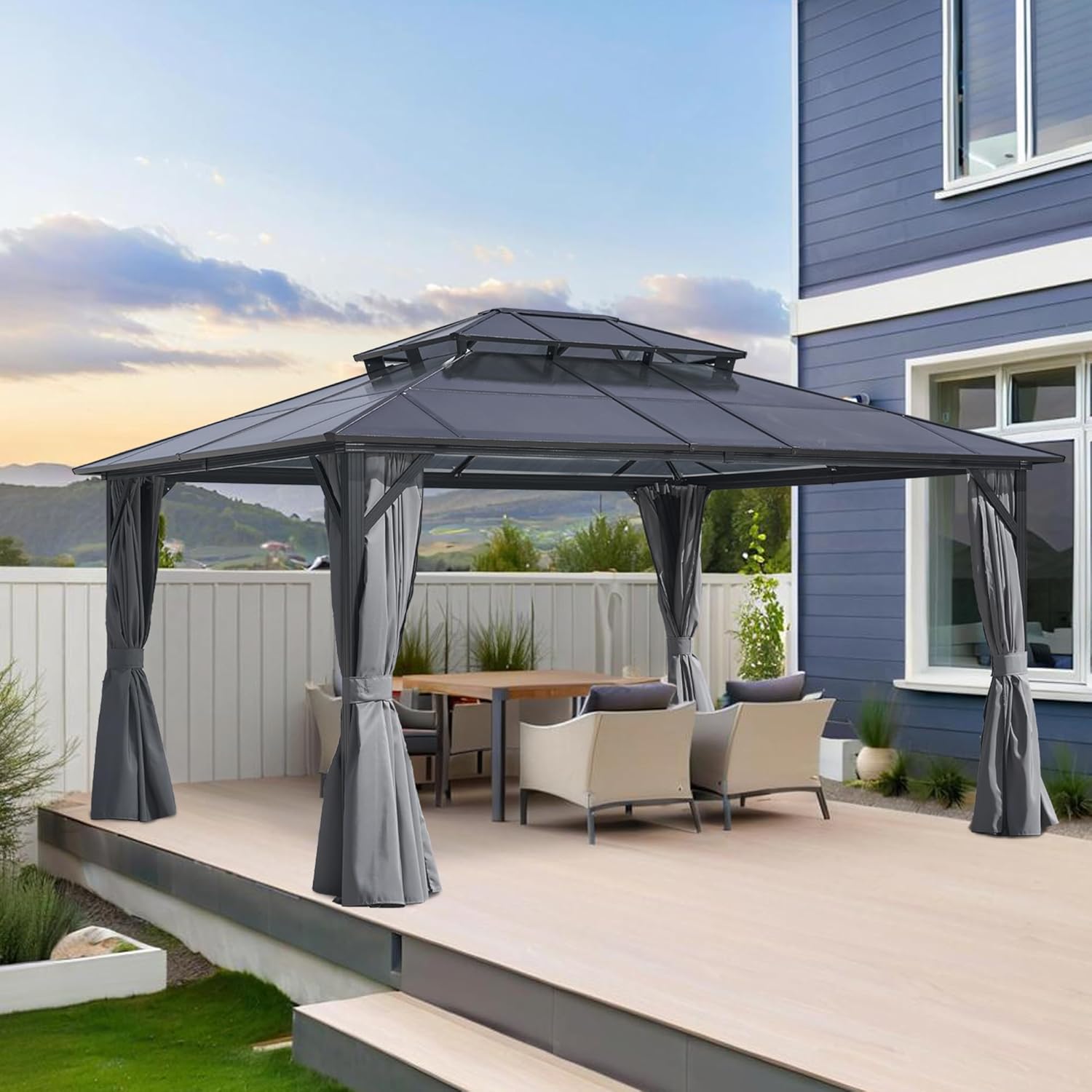 10x12FT Hardtop Gazebo Double Roof Canopy Outdoor with Netting and Curtains, Aluminum e Polycarbonate Roof GTent for Patio, Backyard, Deck, and Lawn