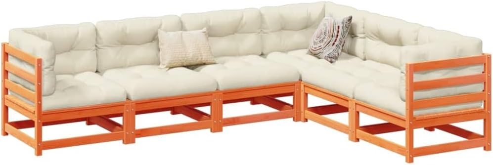 6-Piece Garden Sofa Set, Wax Brown Solid Pine Wood, Cream Cushions, 27.6x27.6x26.4 in Outdoor Patio Furniture, Balcony Seating for 6 People