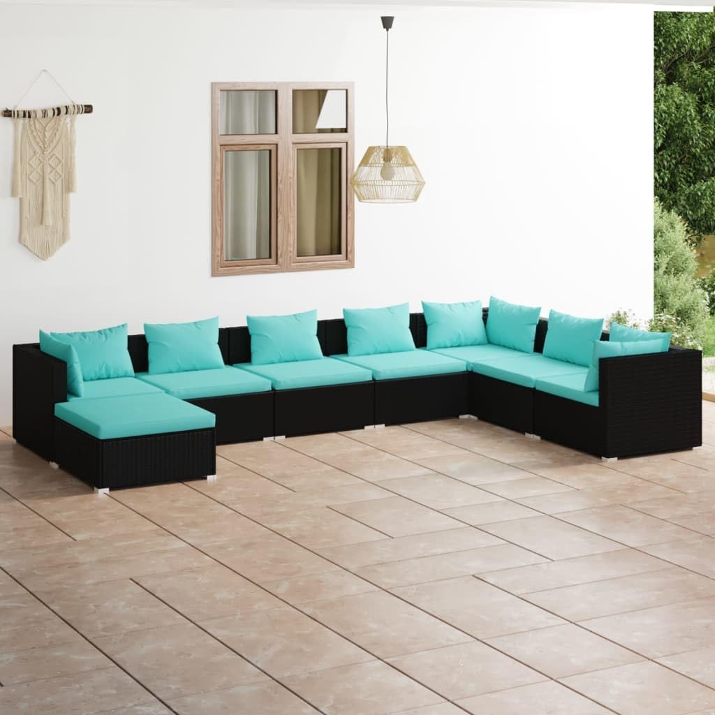 8 Piece Patio Lounge Set with Cushions Poly Rattan Black,Modular Rattan Patio Lounge Set with Cushions for Outdoor Comfort and Style Patio Furniture Sets, Outdoor Furniture Sets