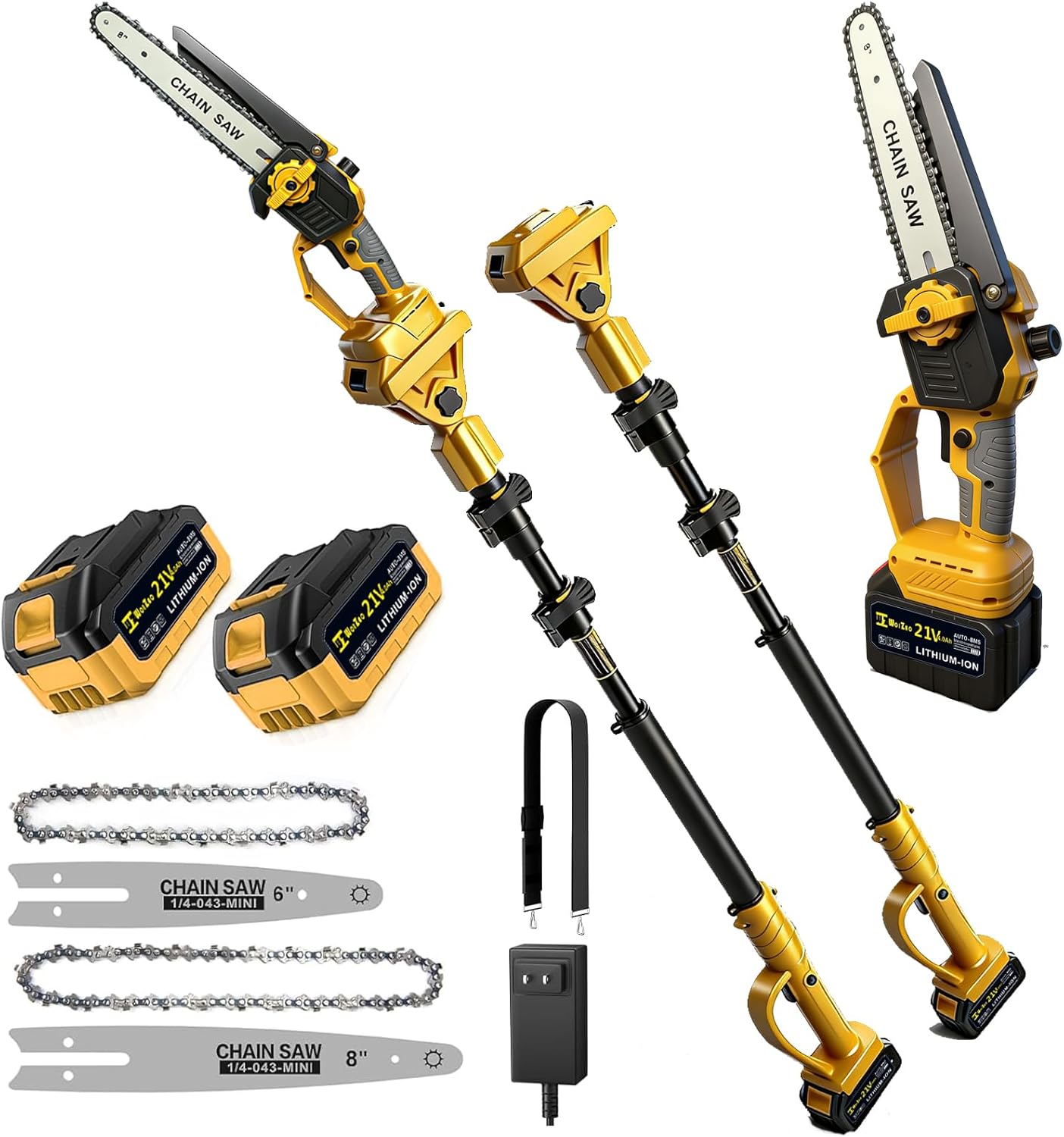 2 in 1 Cordless 6&8 inch Pole Saw & Mini Chainsaw,21V Battery Powered Brushless Electric Tree Trimmer with Extension Pole, 2×4000mAh Batteries,Lightweight Handheld Pruner