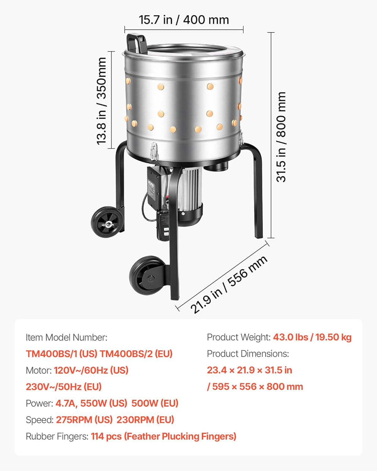 VEVOR Chicken Plucker Machine, 15.7 in Drum, 550W & 275RPM Electric Chicken Plucking Machine with 114 Soft Fingers & Transport Wheels, Stainless Steel Feather Remover for Processing 1-2 Chicks Once