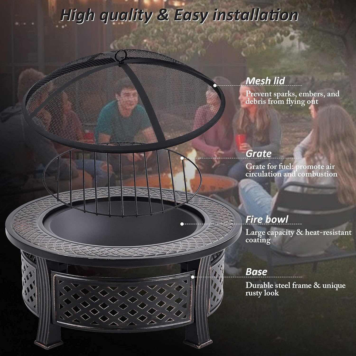 Garden Fire Pit Outdoor Fire Pit, Metal Fire Bowl with Charcoal Fork/Charcoal Grid/Mesh Cover, Grill Camping Bonfire Grill Barbecue Rack